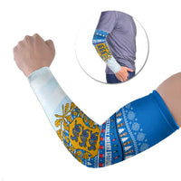 Estonia Christmas Arm Sleeves with Santa Otters Lights Snowflakes and National Emblem on Blue Pattern - Wonder Print Shop