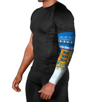 Estonia Christmas Arm Sleeves with Santa Otters Lights Snowflakes and National Emblem on Blue Pattern - Wonder Print Shop