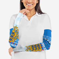 Estonia Christmas Arm Sleeves with Santa Otters Lights Snowflakes and National Emblem on Blue Pattern - Wonder Print Shop