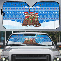 Estonia Christmas Auto Sun Shade with Santa Otters Lights Snowflakes and National Emblem on Blue Pattern - Wonder Print Shop