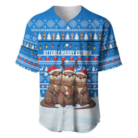 Estonia Christmas Baseball Jersey with Santa Otters Lights Snowflakes and National Emblem on Blue Pattern - Wonder Print Shop