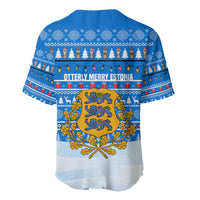 Estonia Christmas Baseball Jersey with Santa Otters Lights Snowflakes and National Emblem on Blue Pattern - Wonder Print Shop