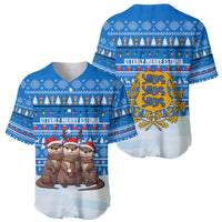 Estonia Christmas Baseball Jersey with Santa Otters Lights Snowflakes and National Emblem on Blue Pattern - Wonder Print Shop