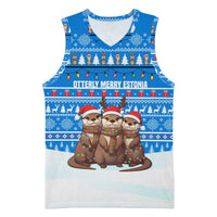 Estonia Christmas Basketball Jersey with Santa Otters Lights Snowflakes and National Emblem on Blue Pattern - Wonder Print Shop