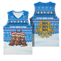 Estonia Christmas Basketball Jersey with Santa Otters Lights Snowflakes and National Emblem on Blue Pattern - Wonder Print Shop