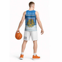 Estonia Christmas Basketball Jersey with Santa Otters Lights Snowflakes and National Emblem on Blue Pattern - Wonder Print Shop