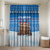 Estonia Christmas Bathroom Set with Santa Otters Lights Snowflakes and National Emblem on Blue Pattern - Wonder Print Shop