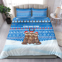 Estonia Christmas Bedding Set with Santa Otters Lights Snowflakes and National Emblem on Blue Pattern - Wonder Print Shop