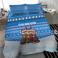 Estonia Christmas Bedding Set with Santa Otters Lights Snowflakes and National Emblem on Blue Pattern - Wonder Print Shop