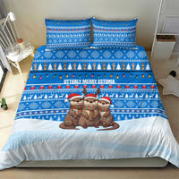 Estonia Christmas Bedding Set with Santa Otters Lights Snowflakes and National Emblem on Blue Pattern - Wonder Print Shop