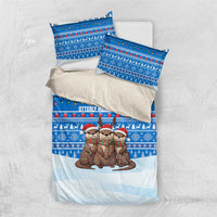 Estonia Christmas Bedding Set with Santa Otters Lights Snowflakes and National Emblem on Blue Pattern - Wonder Print Shop