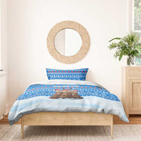 Estonia Christmas Bedding Set with Santa Otters Lights Snowflakes and National Emblem on Blue Pattern - Wonder Print Shop