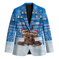 Estonia Christmas Blazer with Santa Otters Lights Snowflakes and National Emblem on Blue Pattern - Wonder Print Shop