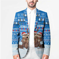 Estonia Christmas Blazer with Santa Otters Lights Snowflakes and National Emblem on Blue Pattern - Wonder Print Shop