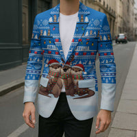 Estonia Christmas Blazer with Santa Otters Lights Snowflakes and National Emblem on Blue Pattern - Wonder Print Shop