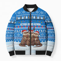 Estonia Christmas Bomber Puffer Jacket with Santa Otters Lights Snowflakes and National Emblem on Blue Pattern - Wonder Print Shop