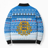 Estonia Christmas Bomber Puffer Jacket with Santa Otters Lights Snowflakes and National Emblem on Blue Pattern - Wonder Print Shop