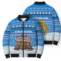Estonia Christmas Bomber Puffer Jacket with Santa Otters Lights Snowflakes and National Emblem on Blue Pattern - Wonder Print Shop