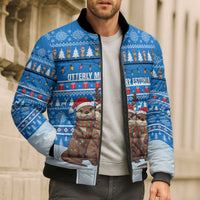 Estonia Christmas Bomber Puffer Jacket with Santa Otters Lights Snowflakes and National Emblem on Blue Pattern - Wonder Print Shop
