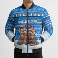 Estonia Christmas Bomber Puffer Jacket with Santa Otters Lights Snowflakes and National Emblem on Blue Pattern - Wonder Print Shop