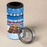 Estonia Christmas 4 in 1 Can Cooler Tumbler with Santa Otters Lights Snowflakes and National Emblem on Blue Pattern - Wonder Print Shop