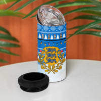 Estonia Christmas 4 in 1 Can Cooler Tumbler with Santa Otters Lights Snowflakes and National Emblem on Blue Pattern - Wonder Print Shop
