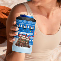 Estonia Christmas 4 in 1 Can Cooler Tumbler with Santa Otters Lights Snowflakes and National Emblem on Blue Pattern - Wonder Print Shop