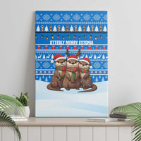 Estonia Christmas Canvas Wall Art with Santa Otters Lights Snowflakes and National Emblem on Blue Pattern - Wonder Print Shop