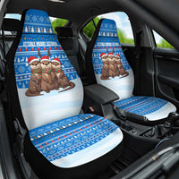 Estonia Christmas Car Seat Cover with Santa Otters Lights Snowflakes and National Emblem on Blue Pattern - Wonder Print Shop