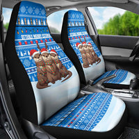 Estonia Christmas Car Seat Cover with Santa Otters Lights Snowflakes and National Emblem on Blue Pattern - Wonder Print Shop