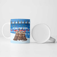 Estonia Christmas Ceramic Mug with Santa Otters Lights Snowflakes and National Emblem on Blue Pattern - Wonder Print Shop