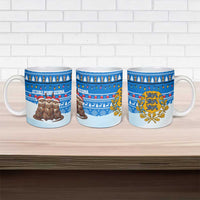 Estonia Christmas Ceramic Mug with Santa Otters Lights Snowflakes and National Emblem on Blue Pattern - Wonder Print Shop