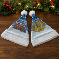 Estonia Christmas Santa Hat with Santa Otters Lights Snowflakes and National Emblem on Blue Pattern - Wonder Print Shop