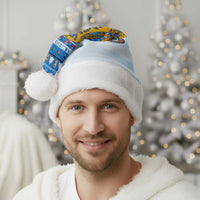 Estonia Christmas Santa Hat with Santa Otters Lights Snowflakes and National Emblem on Blue Pattern - Wonder Print Shop