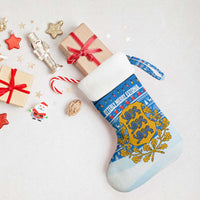 Estonia Christmas Stocking with Santa Otters Lights Snowflakes and National Emblem on Blue Pattern - Wonder Print Shop
