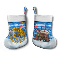 Estonia Christmas Stocking with Santa Otters Lights Snowflakes and National Emblem on Blue Pattern - Wonder Print Shop