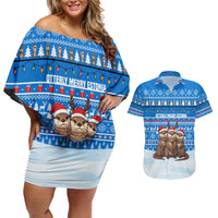Estonia Christmas Couples Matching Off Shoulder Short Dress and Hawaiian Shirt with Santa Otters Lights Snowflakes and National Emblem on Blue Pattern - Wonder Print Shop