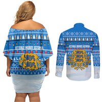 Estonia Christmas Couples Matching Off Shoulder Short Dress and Long Sleeve Button Shirt with Santa Otters Lights Snowflakes and National Emblem on Blue Pattern - Wonder Print Shop