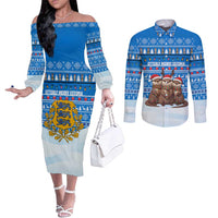 Estonia Christmas Couples Matching Off The Shoulder Long Sleeve Dress and Long Sleeve Button Shirt with Santa Otters Lights Snowflakes and National Emblem on Blue Pattern - Wonder Print Shop