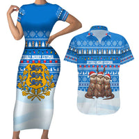 Estonia Christmas Couples Matching Short Sleeve Bodycon Dress and Hawaiian Shirt with Santa Otters Lights Snowflakes and National Emblem on Blue Pattern - Wonder Print Shop