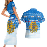 Estonia Christmas Couples Matching Short Sleeve Bodycon Dress and Hawaiian Shirt with Santa Otters Lights Snowflakes and National Emblem on Blue Pattern - Wonder Print Shop