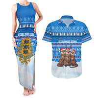 Estonia Christmas Couples Matching Tank Maxi Dress and Hawaiian Shirt with Santa Otters Lights Snowflakes and National Emblem on Blue Pattern - Wonder Print Shop
