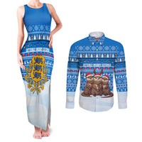 Estonia Christmas Couples Matching Tank Maxi Dress and Long Sleeve Button Shirt with Santa Otters Lights Snowflakes and National Emblem on Blue Pattern - Wonder Print Shop