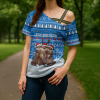 Estonia Christmas Cross Shoulder Shirt with Santa Otters Lights Snowflakes and National Emblem on Blue Pattern - Wonder Print Shop