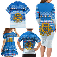 Estonia Christmas Family Matching Long Sleeve Bodycon Dress and Hawaiian Shirt with Santa Otters Lights Snowflakes and National Emblem on Blue Pattern - Wonder Print Shop