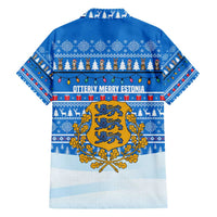 Estonia Christmas Family Matching Long Sleeve Bodycon Dress and Hawaiian Shirt with Santa Otters Lights Snowflakes and National Emblem on Blue Pattern - Wonder Print Shop