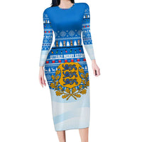 Estonia Christmas Family Matching Long Sleeve Bodycon Dress and Hawaiian Shirt with Santa Otters Lights Snowflakes and National Emblem on Blue Pattern - Wonder Print Shop