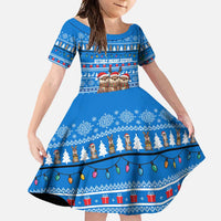 Estonia Christmas Family Matching Mermaid Dress and Hawaiian Shirt with Santa Otters Lights Snowflakes and National Emblem on Blue Pattern - Wonder Print Shop