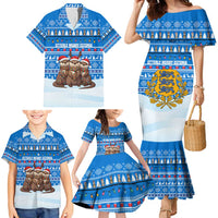 Estonia Christmas Family Matching Mermaid Dress and Hawaiian Shirt with Santa Otters Lights Snowflakes and National Emblem on Blue Pattern - Wonder Print Shop