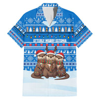 Estonia Christmas Family Matching Mermaid Dress and Hawaiian Shirt with Santa Otters Lights Snowflakes and National Emblem on Blue Pattern - Wonder Print Shop